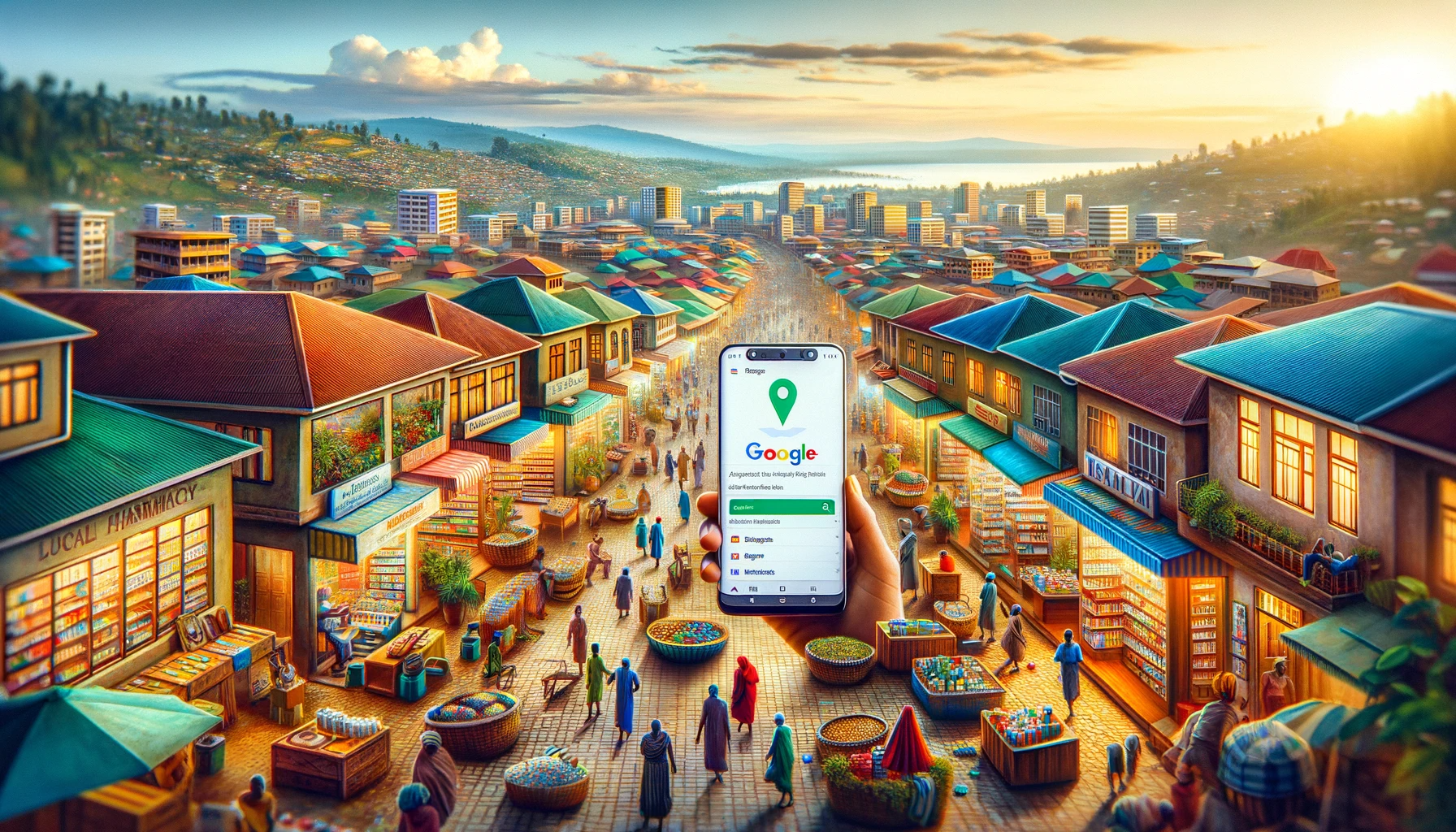 This image illustrates a bustling marketplace in Kigali, Rwanda, highlighting a modern pharmacy that stands out with its bright façade, along with the inclusion of a smartphone displaying an accurate Google My Business profile.