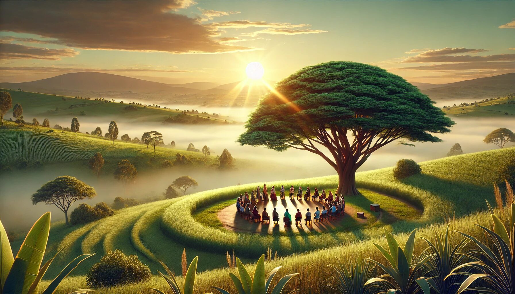 This serene Rwandan landscape portrays the journey of healing and resilience. The rolling green hills and the sunrise breaking through the morning mist symbolize renewal and hope after tragedy. At the center, a group gathers beneath the shade of a large tree, engaging in a circle of unity and shared reflection. The scene encapsulates the spirit of community healing, where open conversations and connection foster resilience and understanding. This peaceful moment in nature reminds us of the strength found in togetherness and the promise of a brighter tomorrow.