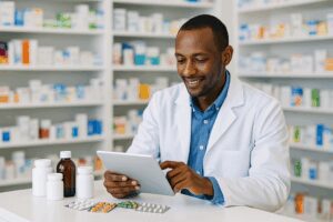 A pharmacist using a digital tablet in a modern pharmacy setting, with medicine bottles and tablets on the counter—representing RwPharma’s digital pharmacy platform for medicine access and supply in Rwanda.