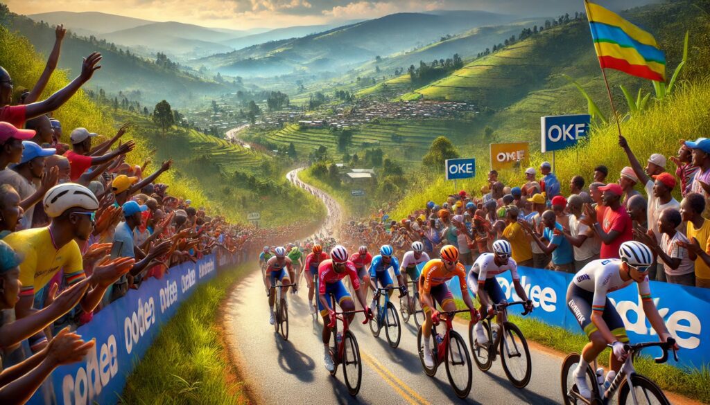 Cyclists racing through Kigali’s scenic hills during the 2025 UCI Road World Championships, with excited spectators lining the route.
